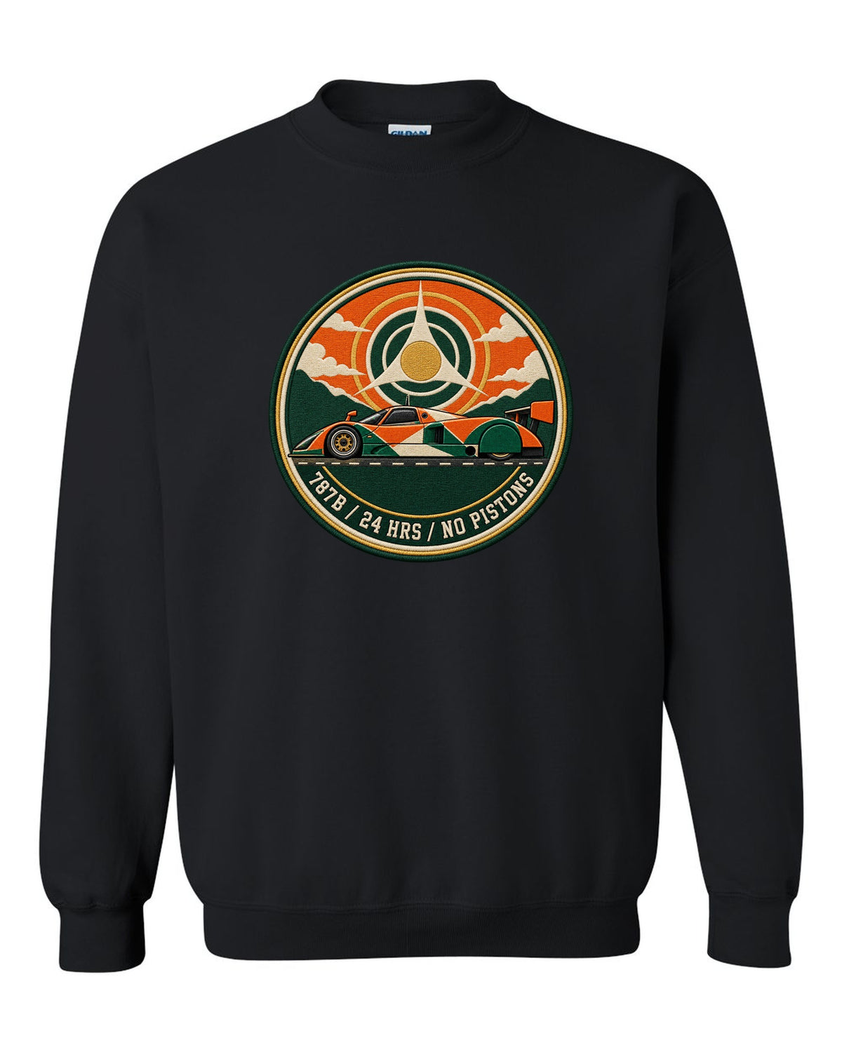 Varsity crest print of the Mazda 787B with 24 hrs and no pistons lettering black crewneck front view with the design