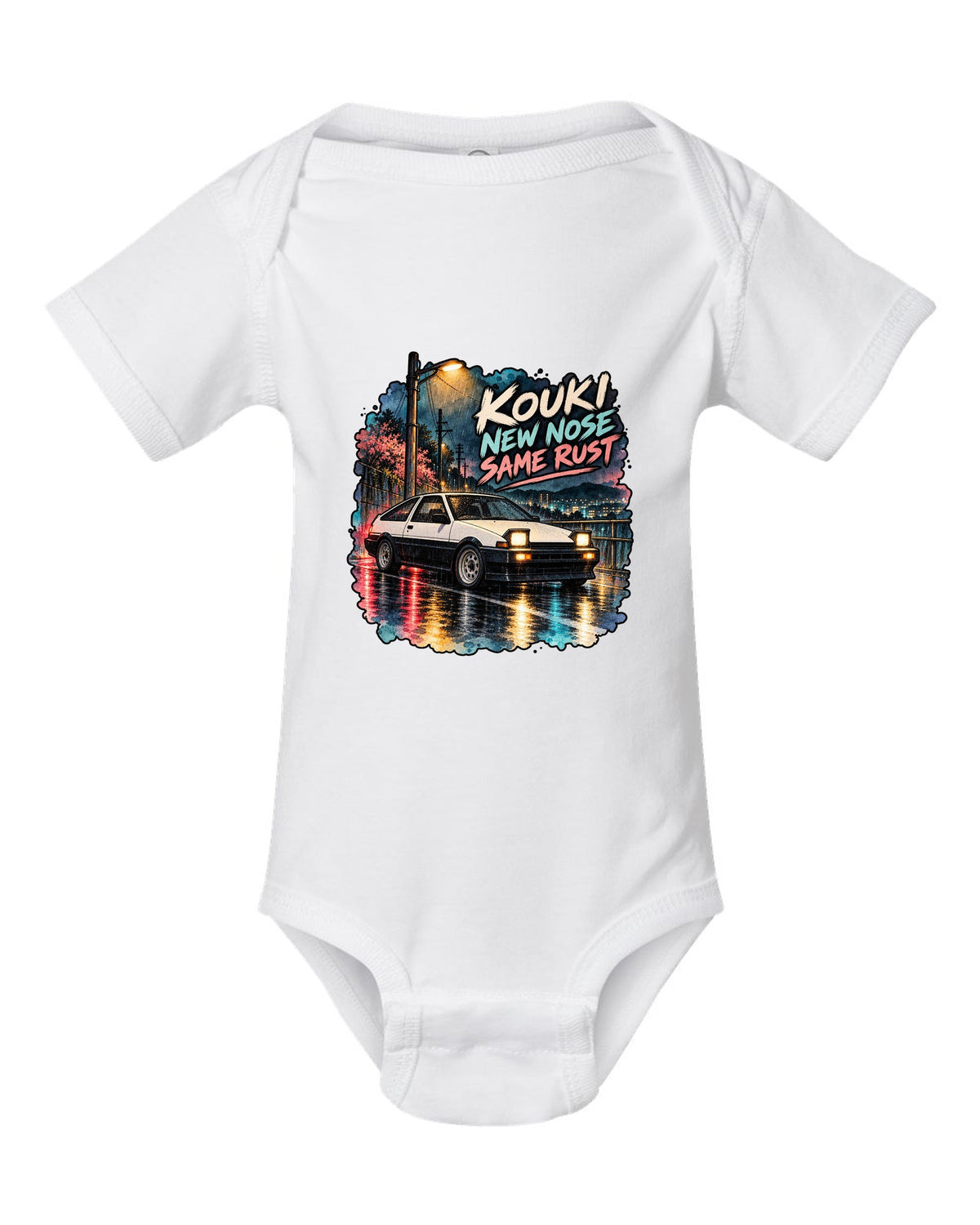 Watercolour wet street night scene with the Toyota AE86 Sprinter Trueno kouki white baby onesie front view with the design