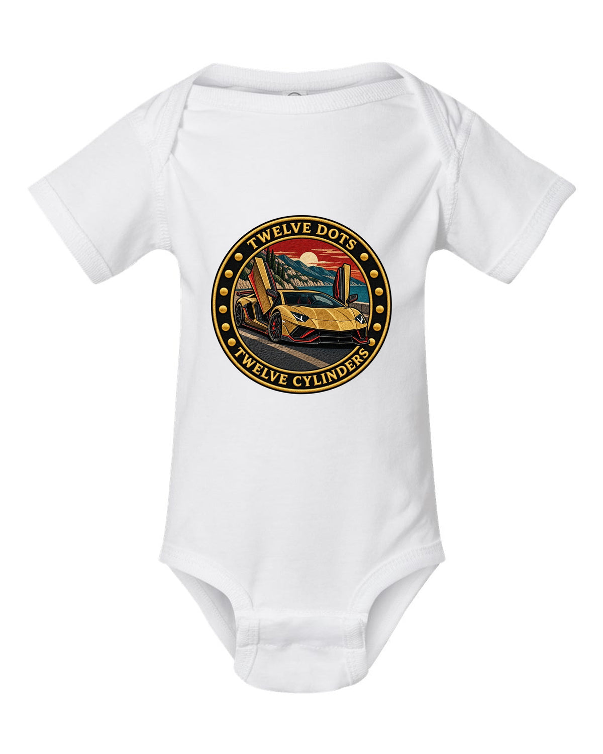 Embroidery-style round crest with a Lamborghini Aventador Ultimae LP780-4 and text TWELVE DOTS / TWELVE CYLINDERS white baby onesie front view with the design
