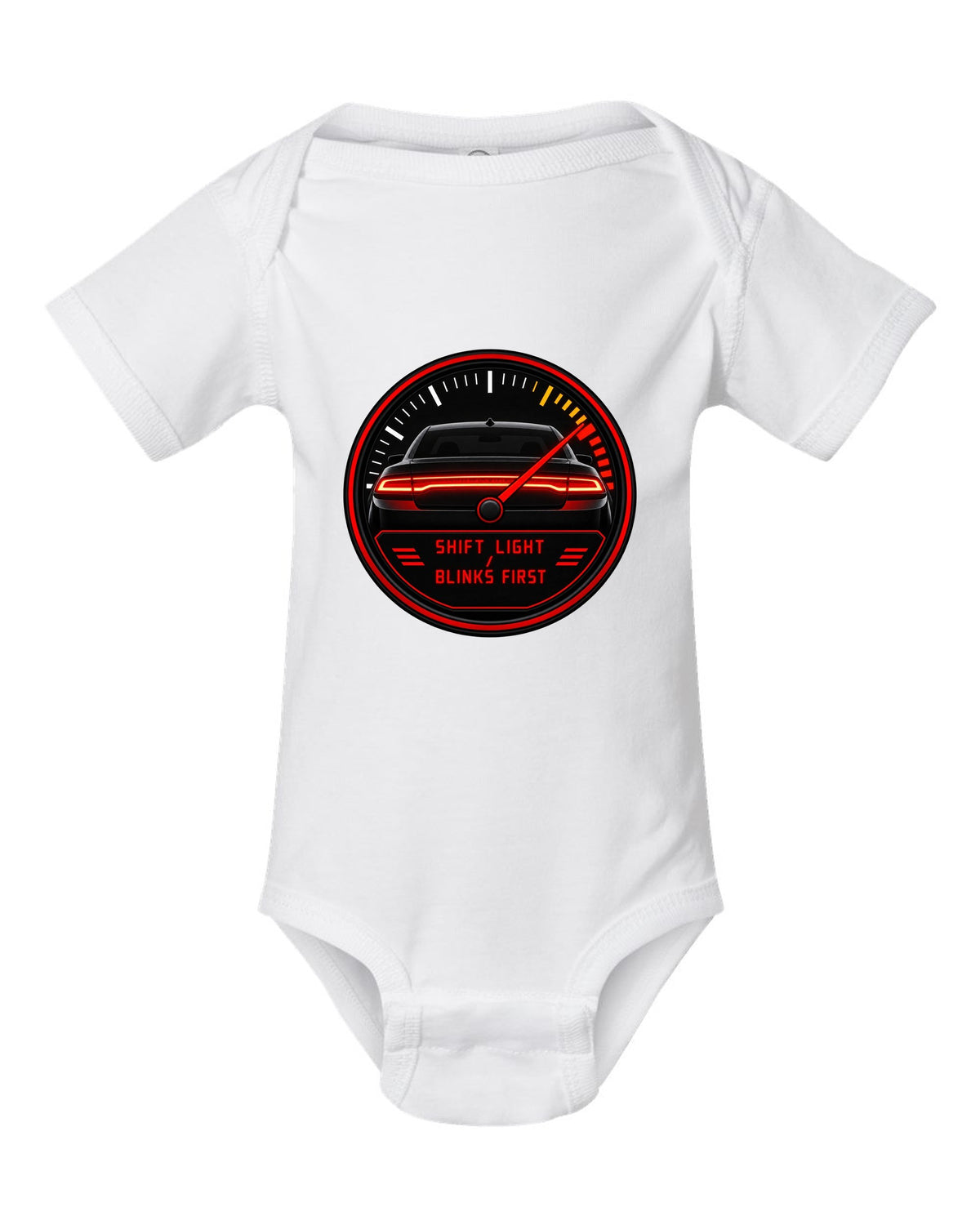Hyundai Elantra N CN7 gauge-cluster HUD print with shift light blinks first text white baby onesie front view with the design