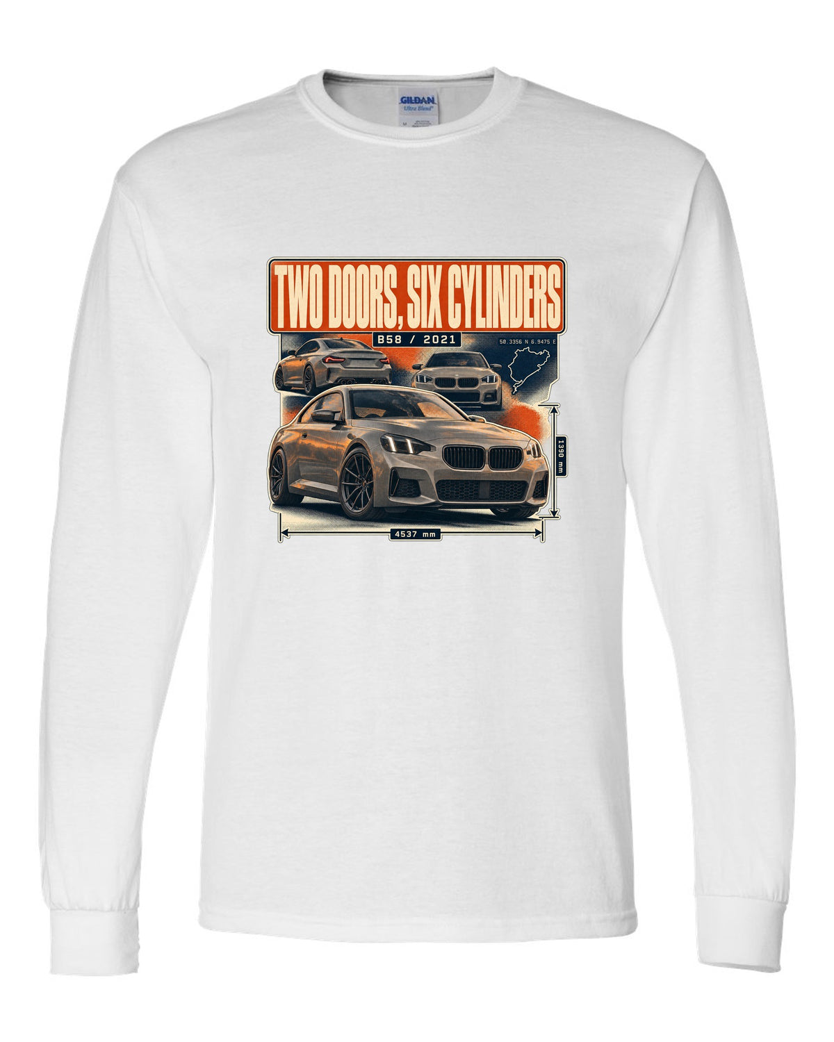 BMW M240i G42 coupe magazine-style editorial headline print white long sleeve front view with the design