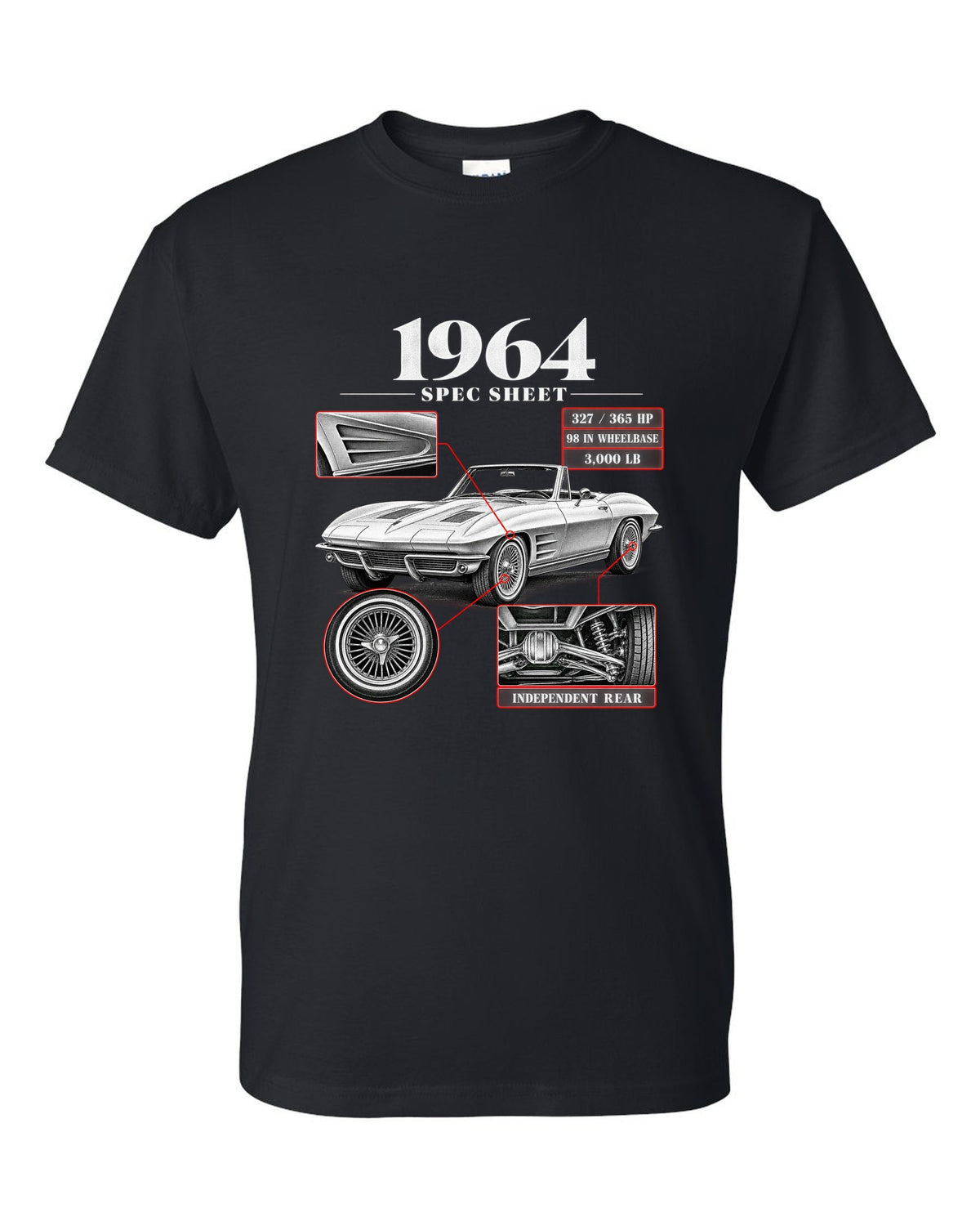 Chevrolet Corvette C2 Sting Ray 1964 convertible spec sheet print black t-shirt front view with the design