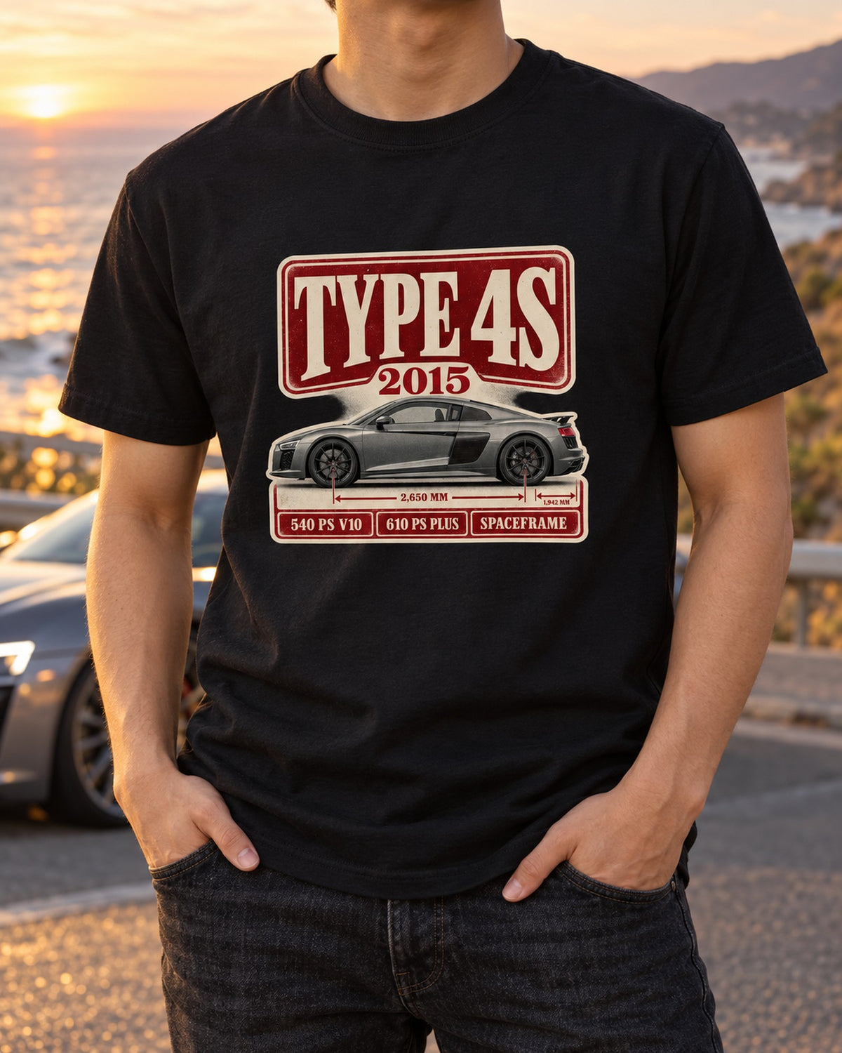 Audi R8 V10 Type 4S Archive Panel Shirt, 2015 Launch Specs Tee T-Shirt Black worn hero