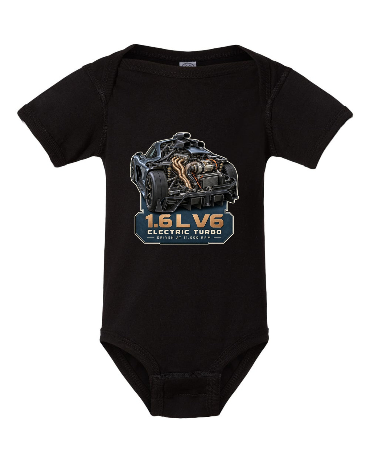 Mercedes-AMG One 1.6 L V6 hybrid power unit engine illustration black baby onesie front view with the design