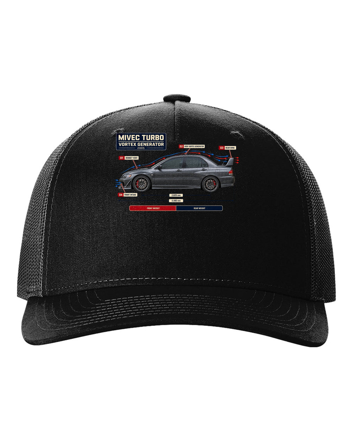Lancer Evolution IX Aero Callout Diagram Tee, MIVEC Turbo black hat front view with the design