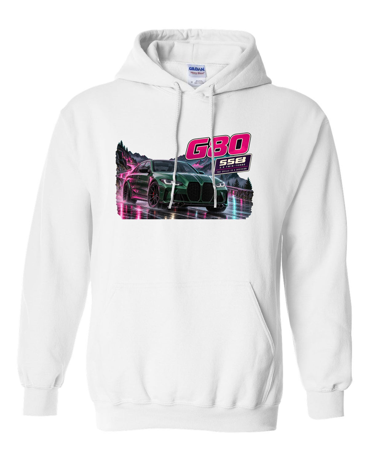 Touge night street print of an Isle of Man green BMW M3 Competition G80 white pull over hoodie front view with the design