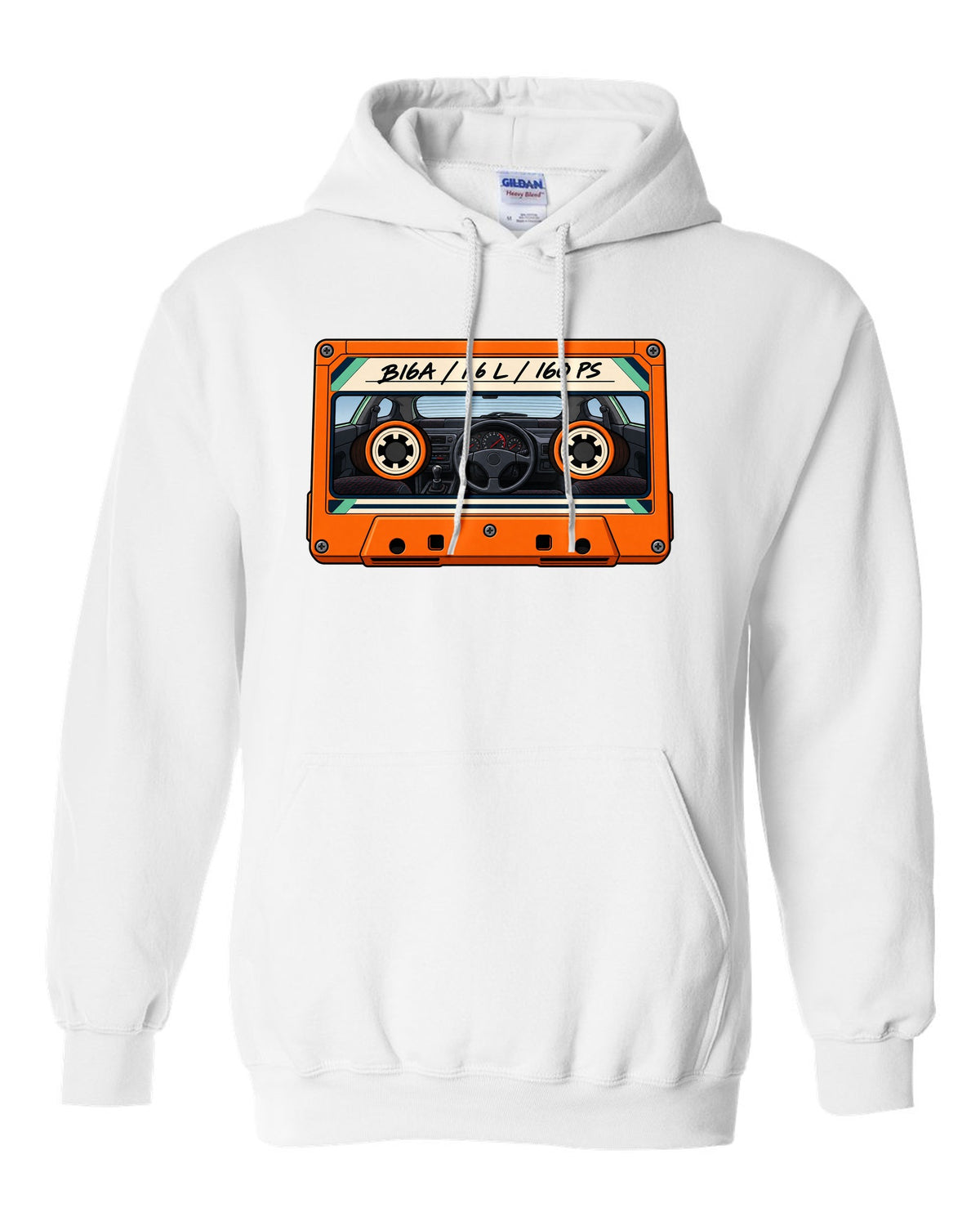 Lo-fi cassette label style print for a Honda Civic EG6 SiR with B16A 1.6 L 160 PS text white pull over hoodie front view with the design
