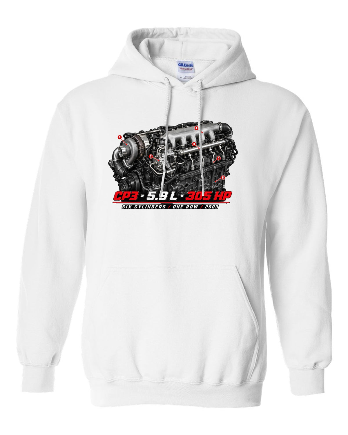 Engine hero print of a 5.9 L inline-six common rail turbo diesel with CP3, 5.9 L, 305 HP white pull over hoodie front view with the design