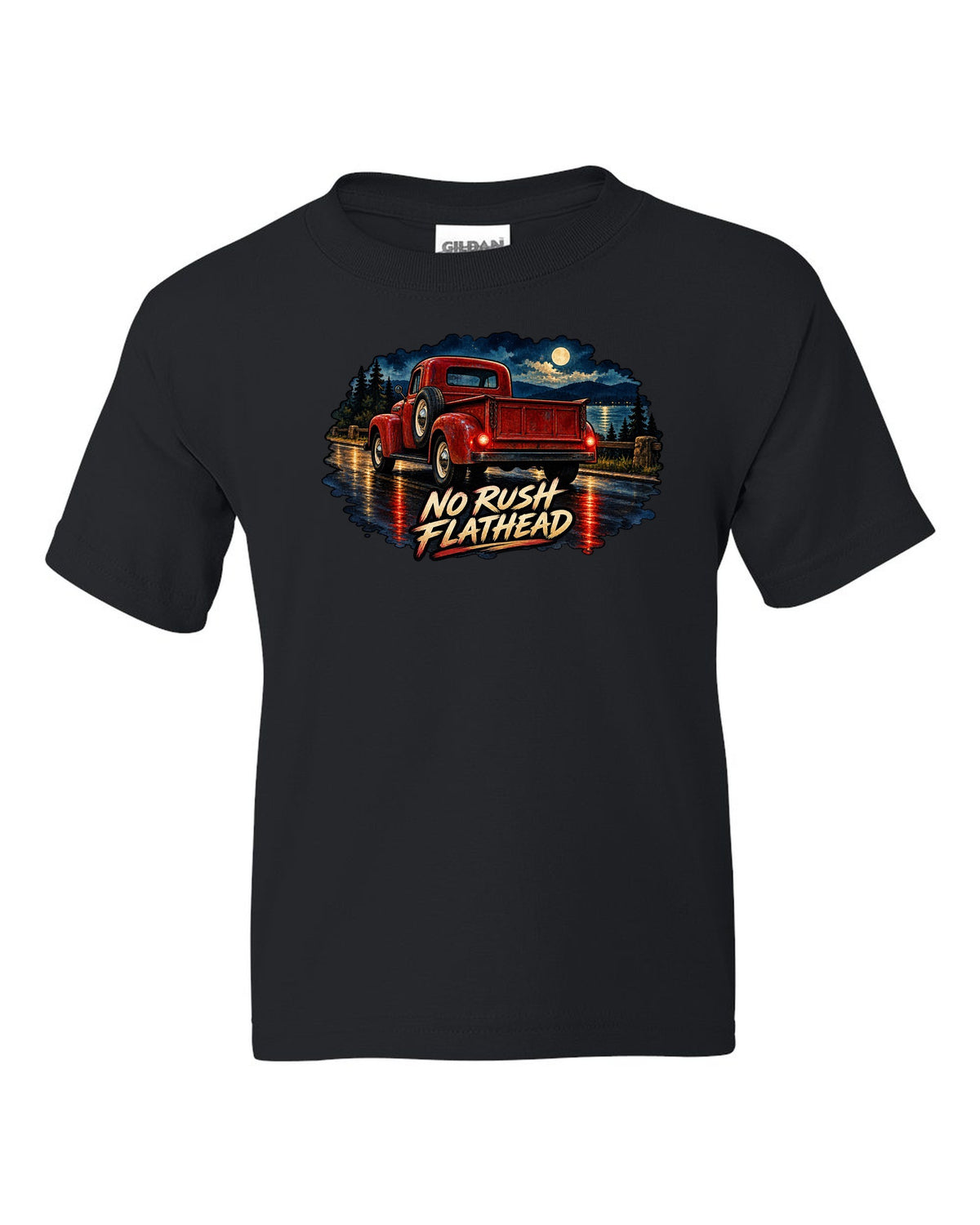 Watercolour wet-road night print of a red Dodge Power Wagon WM300 flat fender black kids tee front view with the design
