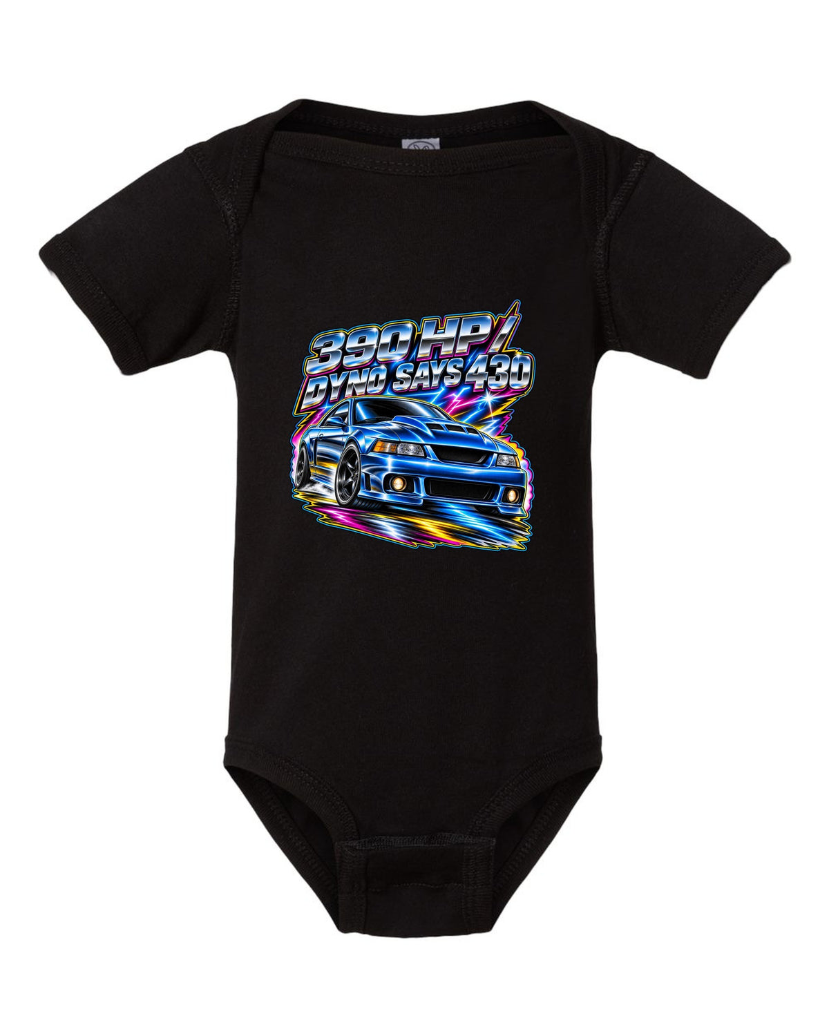 80s airbrush chrome 2003 supercharged Ford Mustang coupe with 390 HP text black baby onesie front view with the design