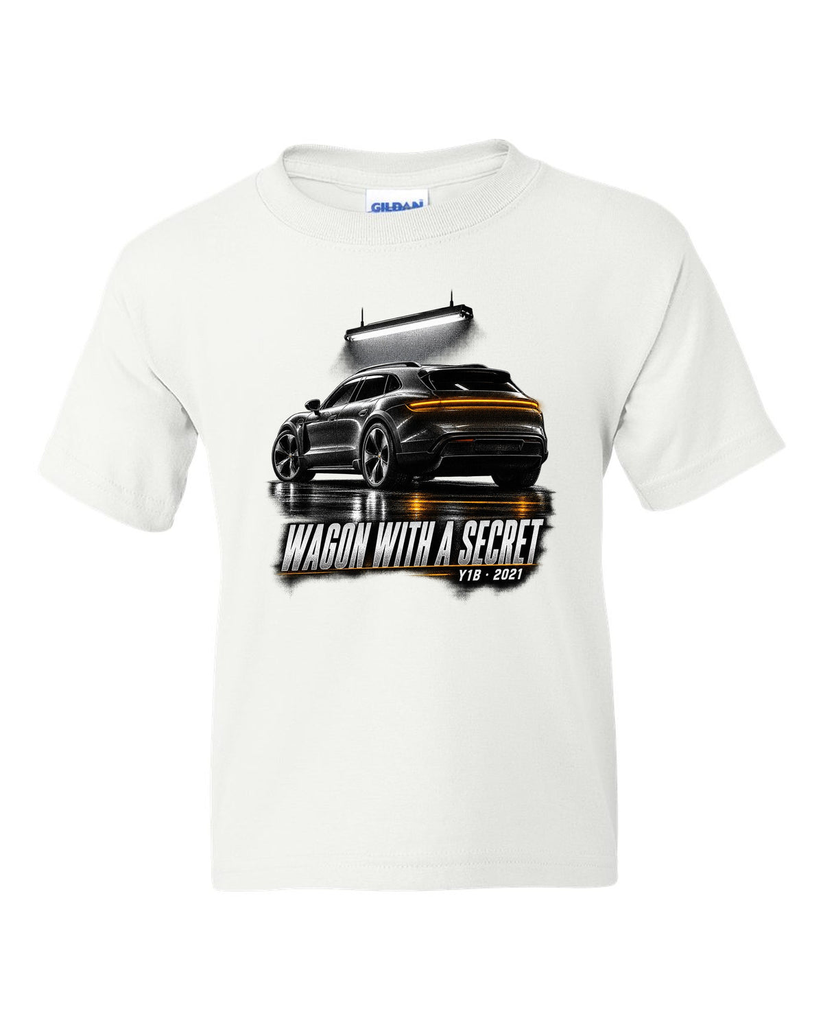 Porsche Taycan Cross Turismo Y1B in a dark garage, print design white kids tee front view with the design