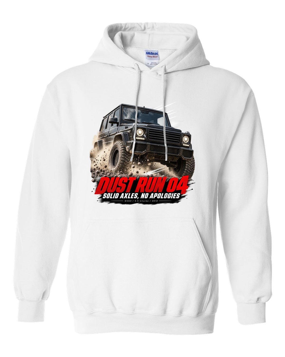 Race poster print of a Mercedes G63 AMG W463 with Dust Run 04 Solid Axles lettering white pull over hoodie front view with the design