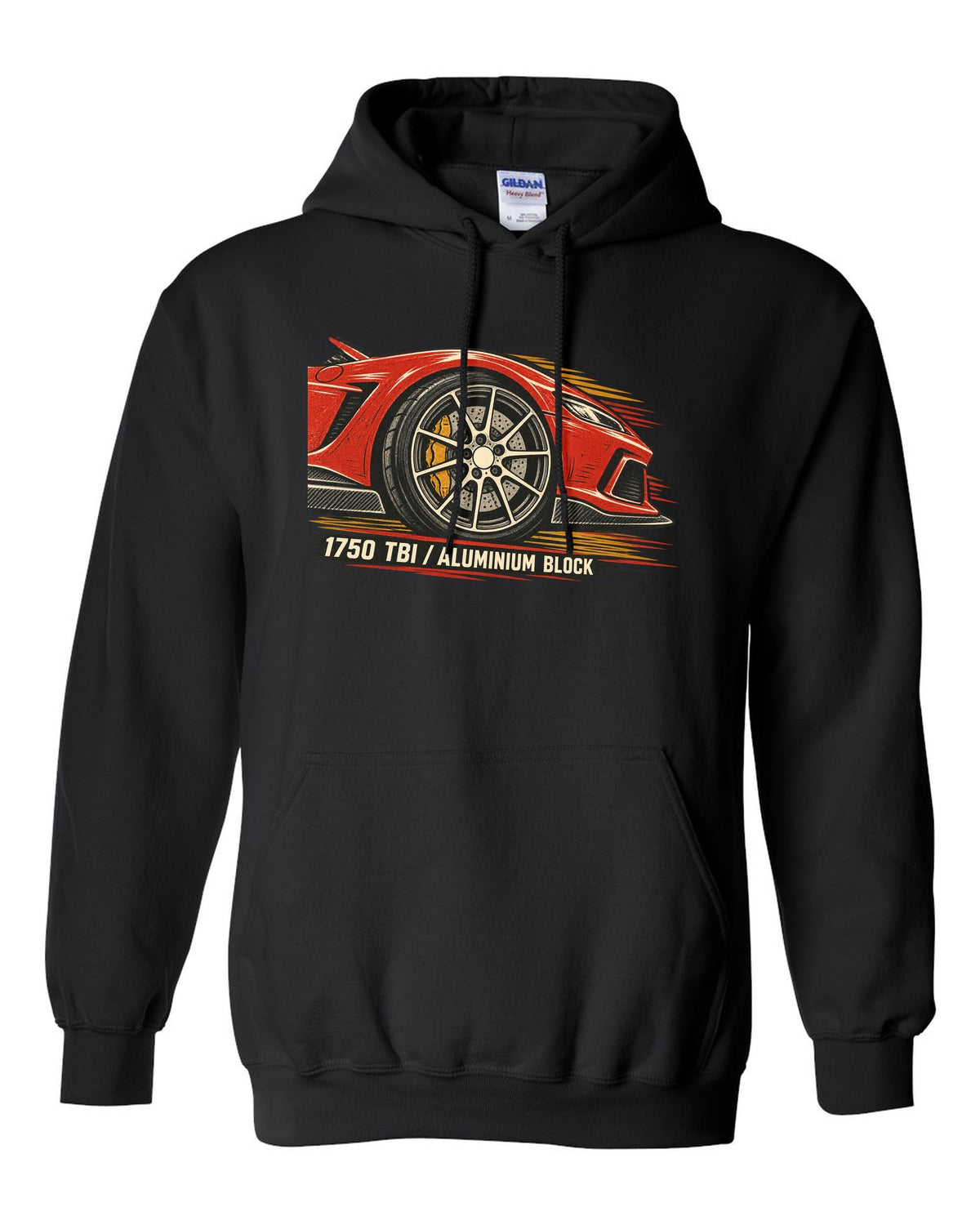 Multi-ink linocut illustration of an Alfa Romeo 4C with 1750 TBI aluminium block text black pull over hoodie front view with the design