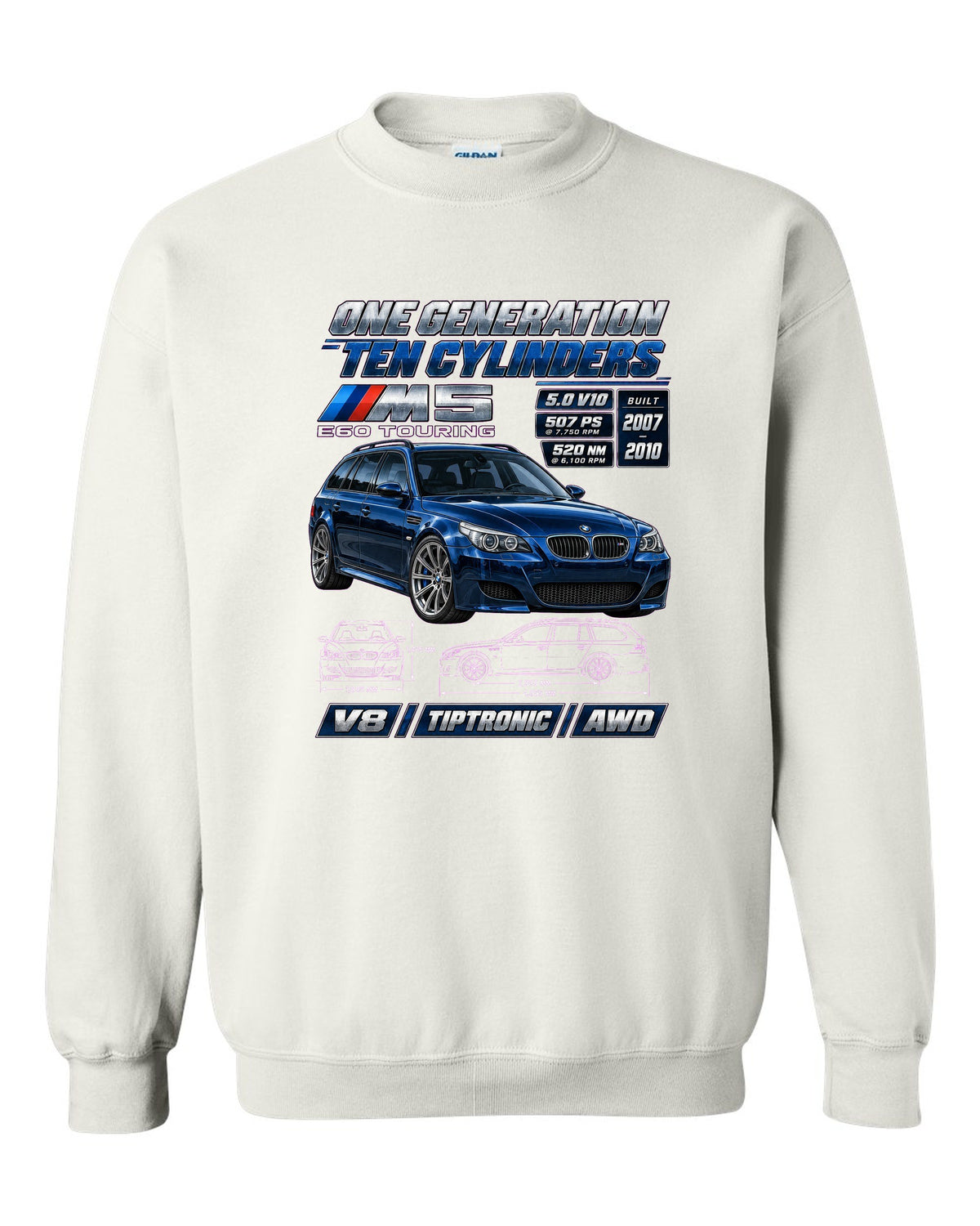 BMW M5 E60 V10 saloon spec poster print white crewneck front view with the design