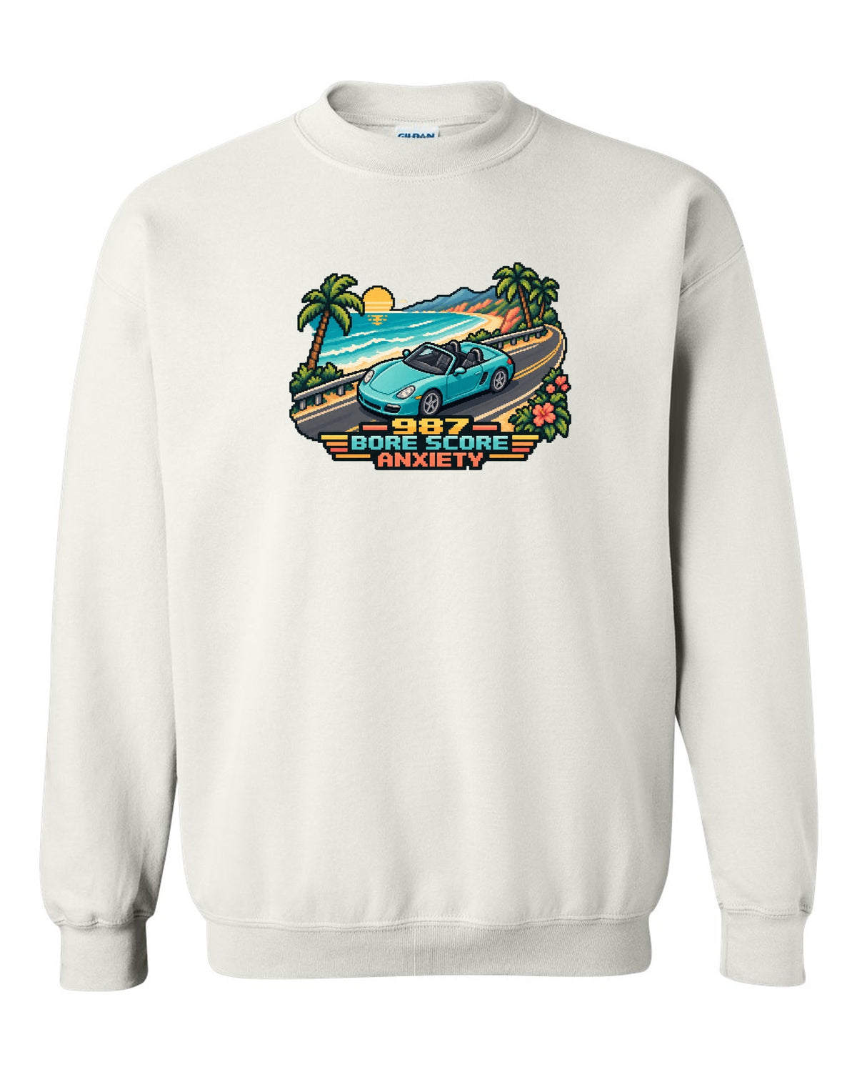 Porsche Boxster 987 isometric pixel art roadster with bore score anxiety text white crewneck front view with the design