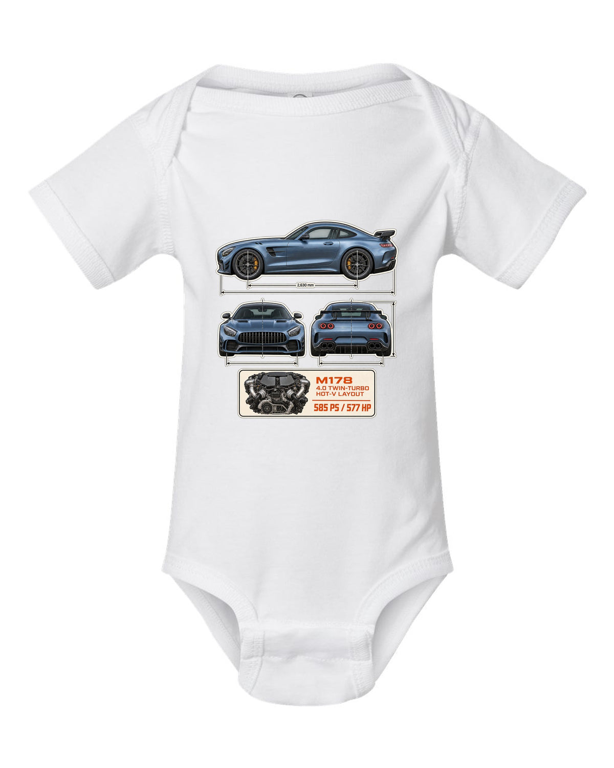 Mercedes-AMG GT R C190 dimension blueprint print white baby onesie front view with the design