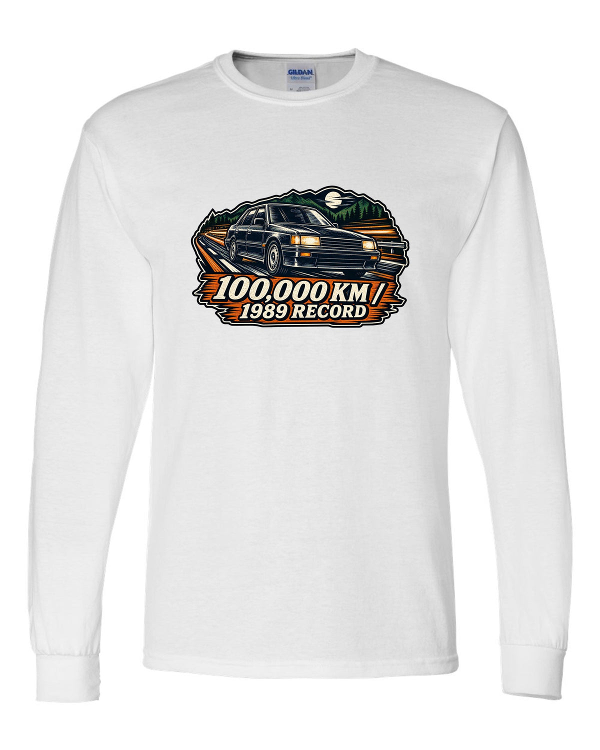 Linocut woodcut style illustration of a Subaru Legacy BC5 RS with 100,000 km 1989 record text white long sleeve front view with the design