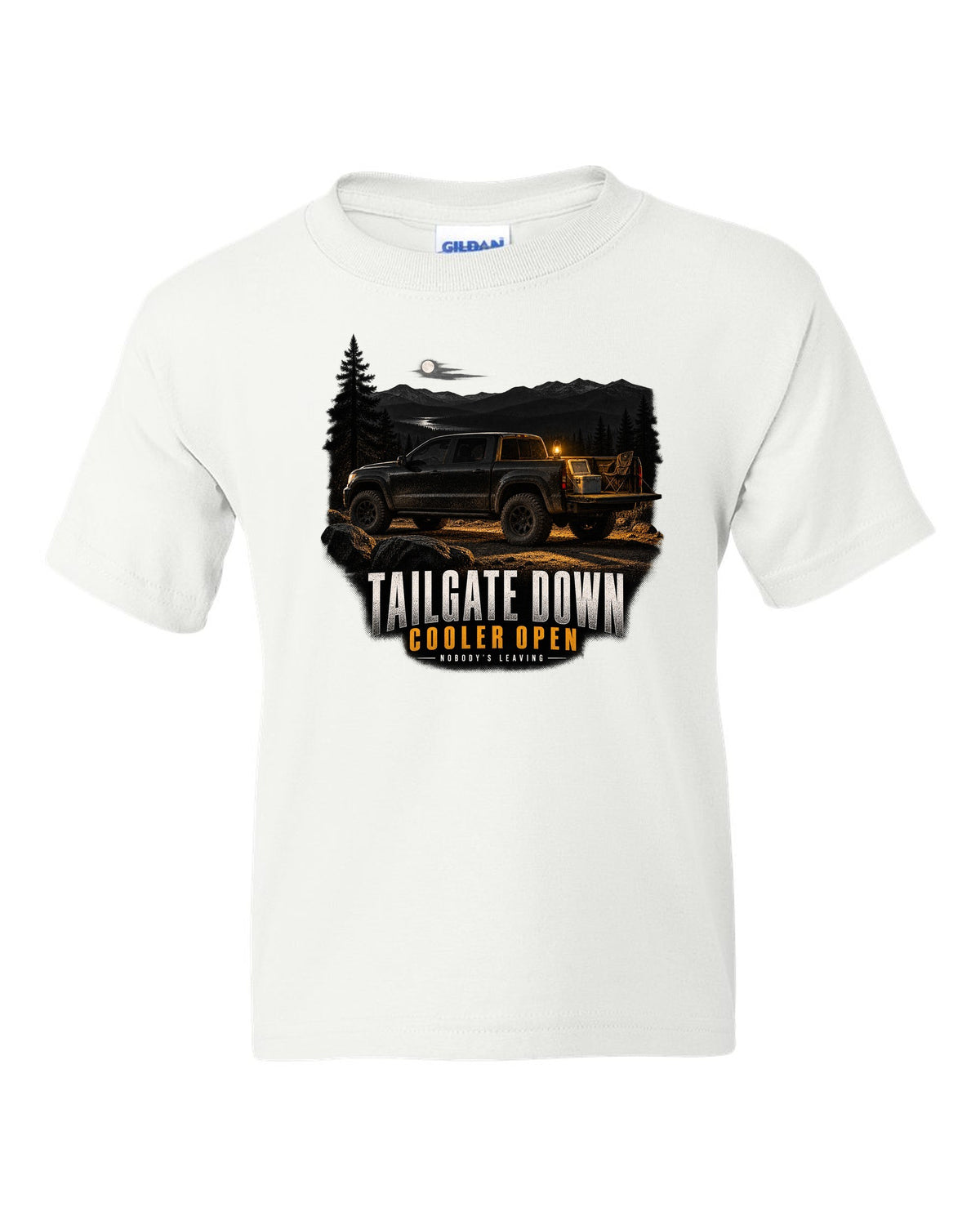 Jeep Gladiator JT with tailgate down in a night garage print white kids tee front view with the design