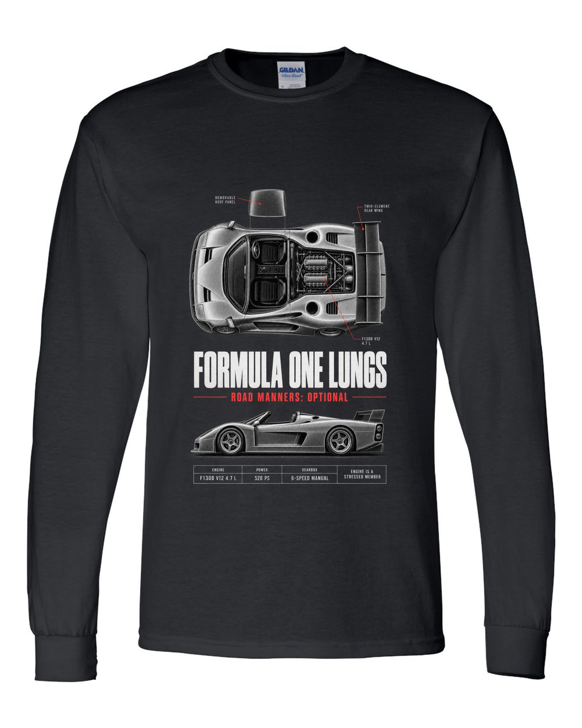 Ferrari F50 1995 top-down and profile spec poster print, F130B V12 4.7 L black long sleeve front view with the design