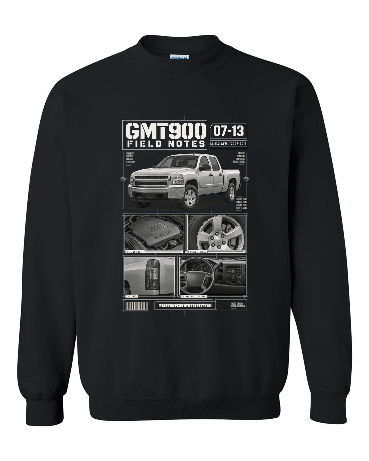 GMT900 Chevy Silverado crew cab field notes dossier print black crewneck front view with the design