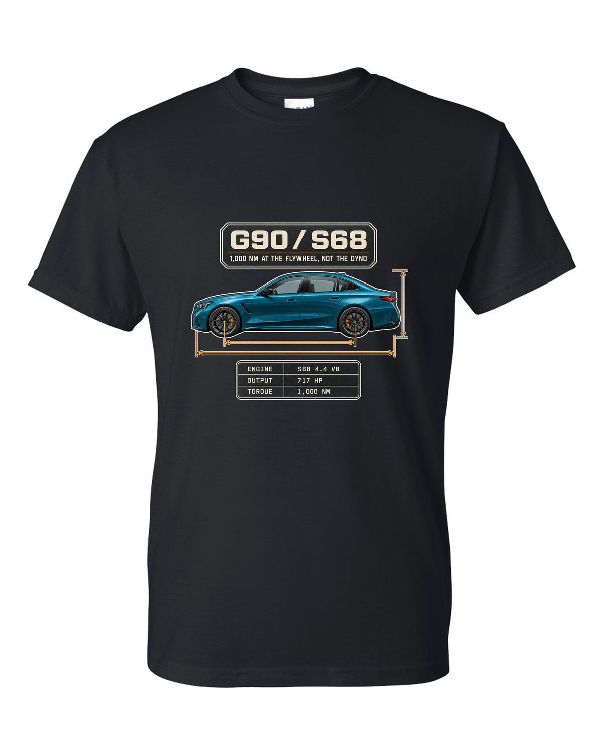 BMW M5 G90 sedan dimension blueprint profile print on a tee black t-shirt front view with the design