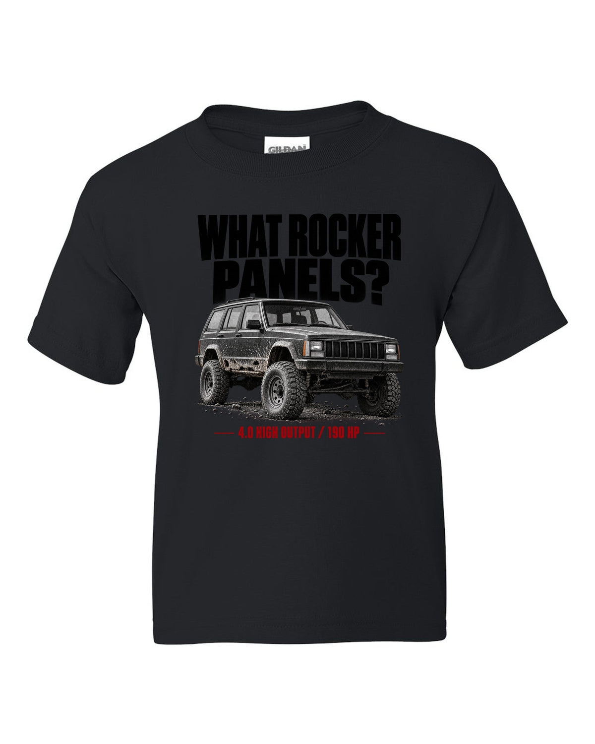 Jeep Cherokee XJ halftone print with 4.0 High Output 190 HP text black kids tee front view with the design