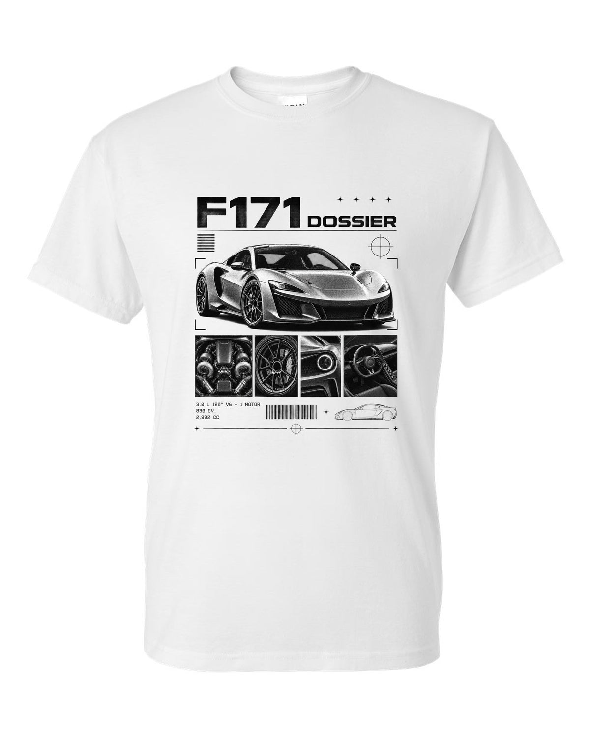 Dossier panel print of a Ferrari 296 GTB F171 with 3.0 L 120 degree V6 plus one motor, 830 CV white t-shirt front view with the design