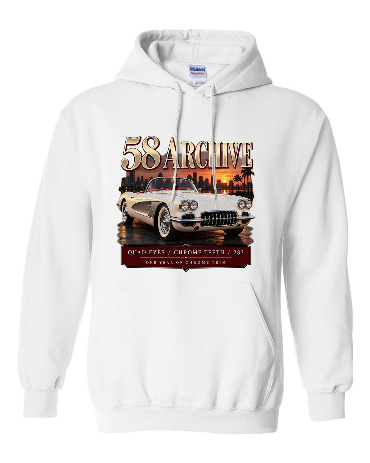 Chevrolet Corvette C1 1958 convertible archive panel print with quad headlights white pull over hoodie front view with the design