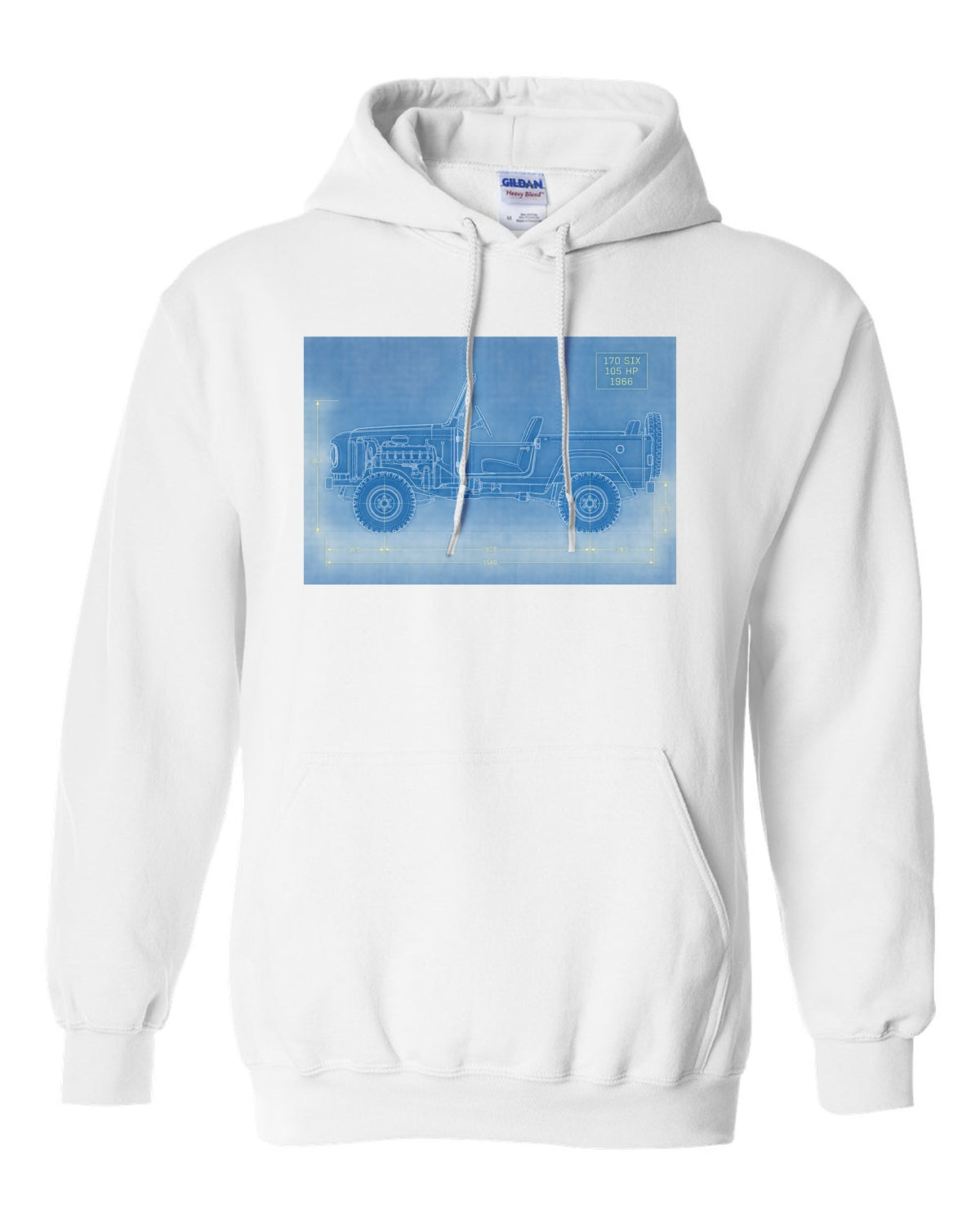 Blueprint-style line art of a 1966 Ford Bronco U13 roadster at a trailhead with 170 SIX 105 HP notes white pull over hoodie front view with the design