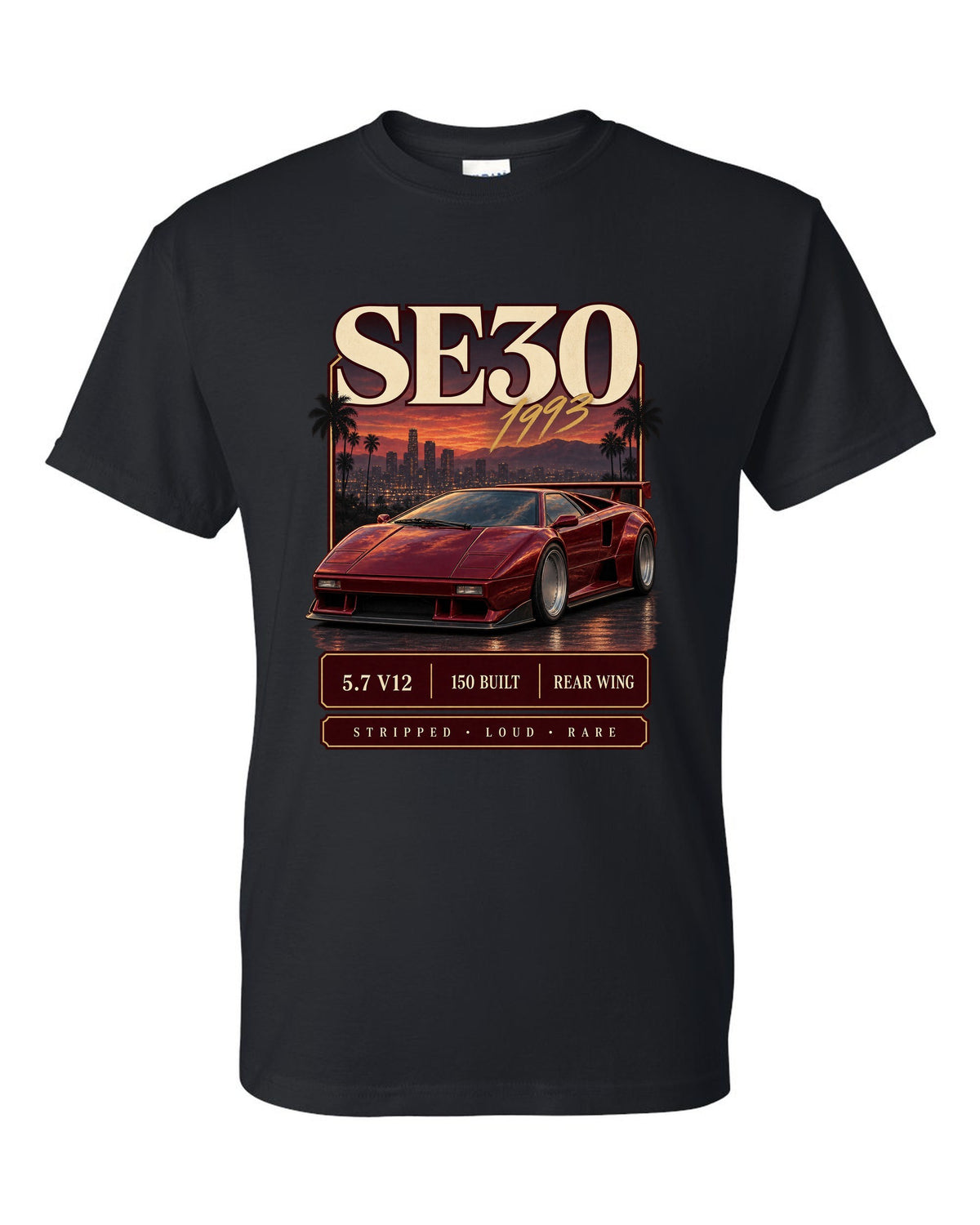 Archive panel print of a Lamborghini Diablo SE30 with 5.7 V12 and 150 built text black t-shirt front view with the design