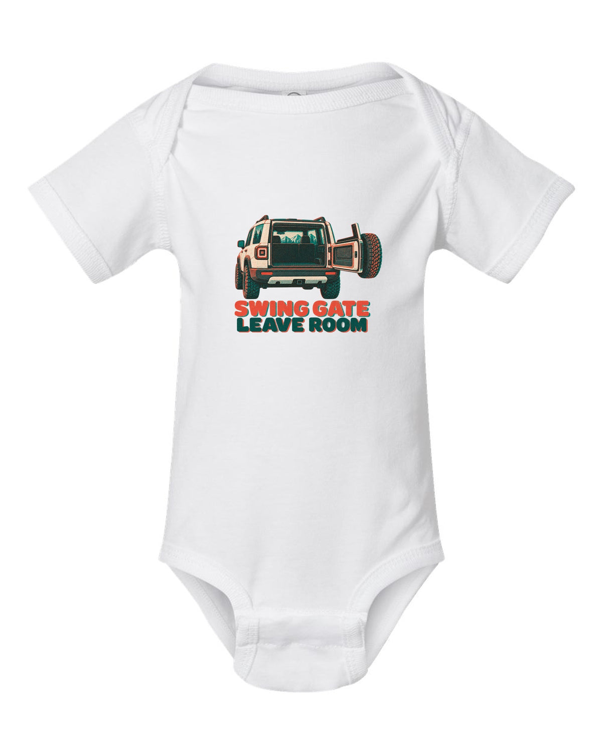 Risograph-style rear view of a Land Rover Defender L663 110 with spare wheel on the swing gate white baby onesie front view with the design