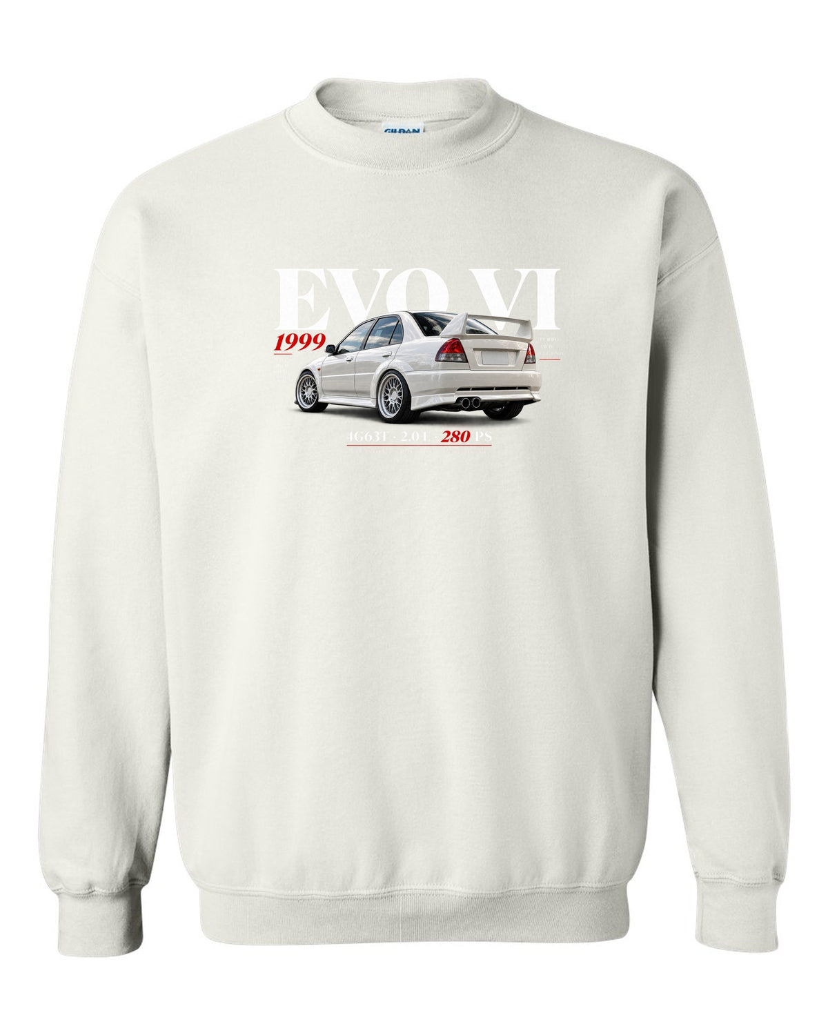 Mitsubishi Lancer Evolution VI TME CP9A editorial headline with 4G63T specs white crewneck front view with the design