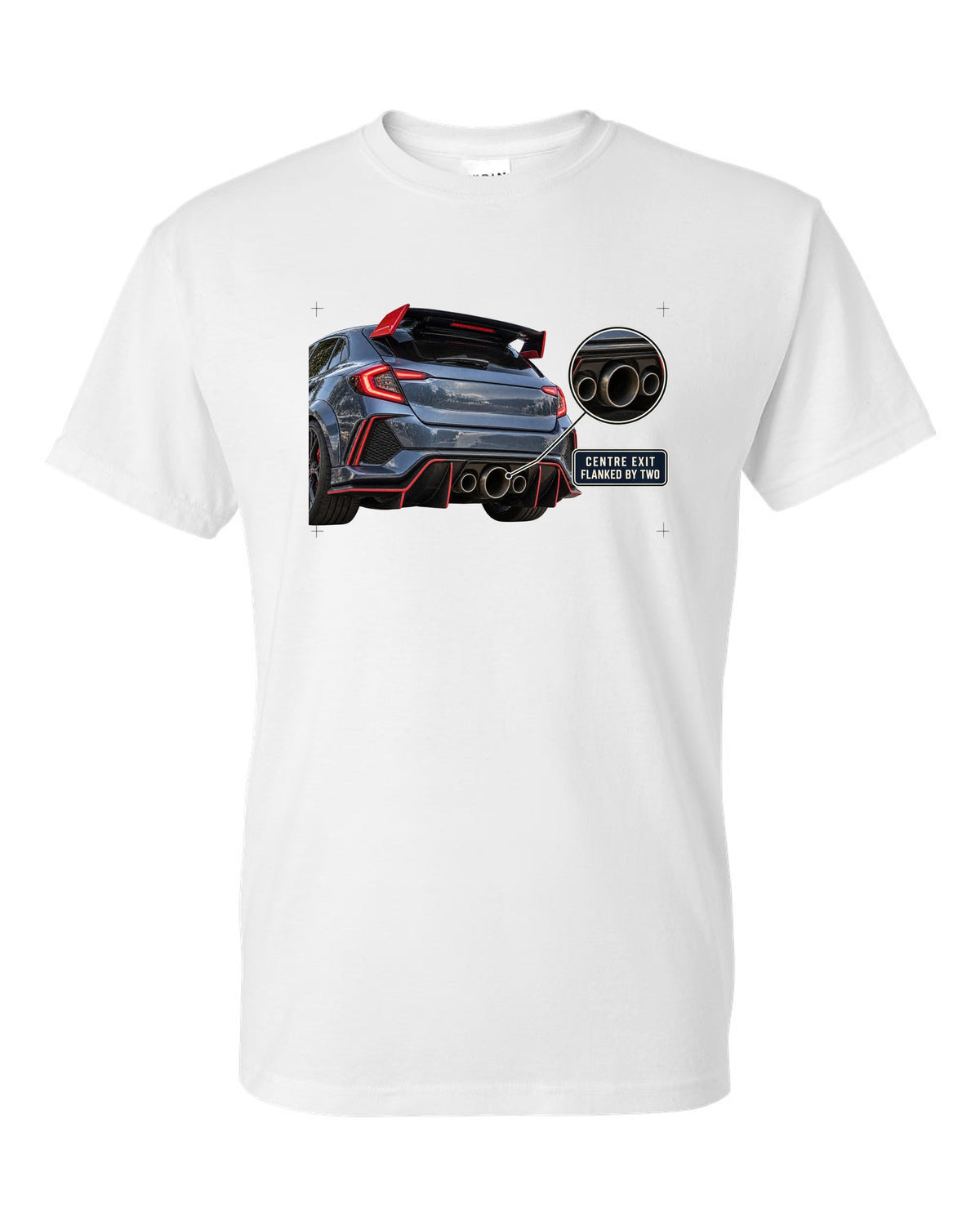 print rear close-up of a Honda Civic Type R FK8 with triple exhaust outlets white t-shirt front view with the design