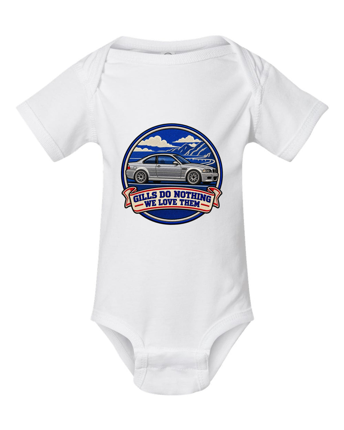 Varsity crest style print of a BMW E46 M3 coupe with gills do nothing we love them text white baby onesie front view with the design