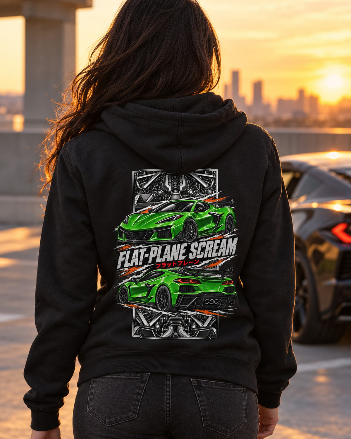 Corvette C8 Z06 Torn Poster Full-Back Graphic Tee Zip Hoodie Black worn hero