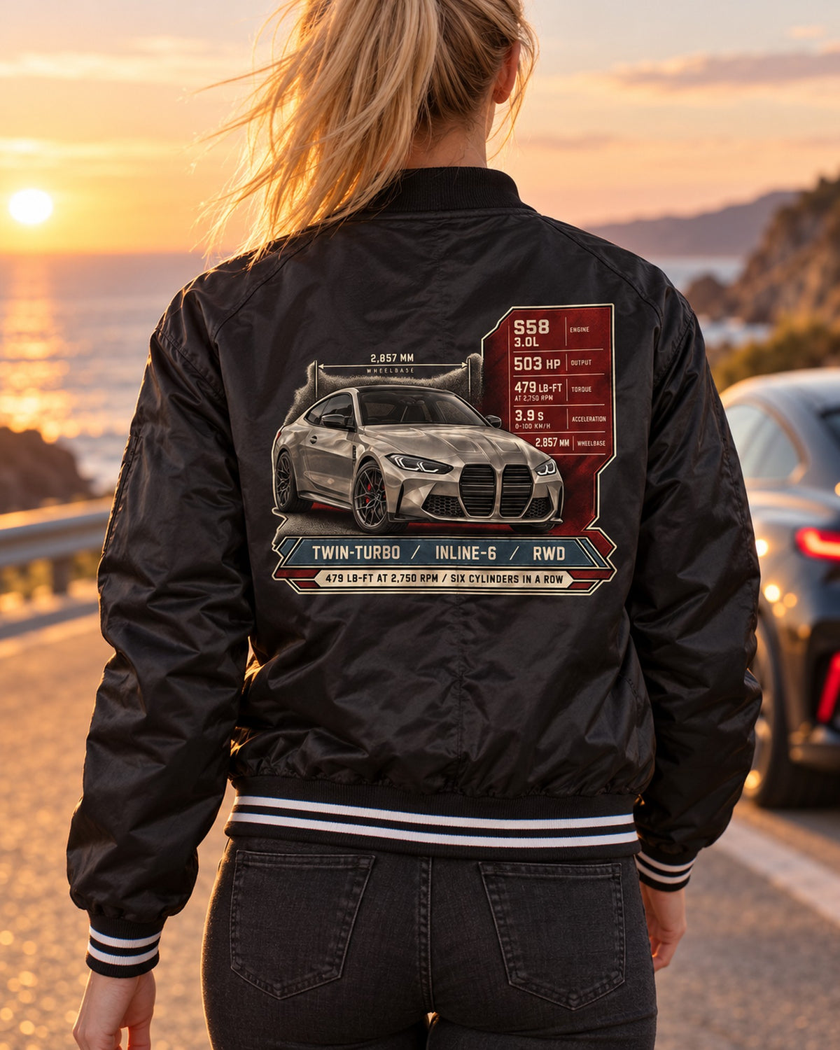 BMW M4 Competition G82 Spec Poster Shirt, Inline-Six Torque Tee Bomber Jacket Black worn hero