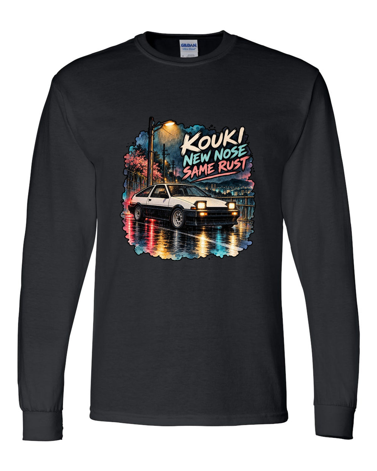 Watercolour wet street night scene with the Toyota AE86 Sprinter Trueno kouki black long sleeve front view with the design
