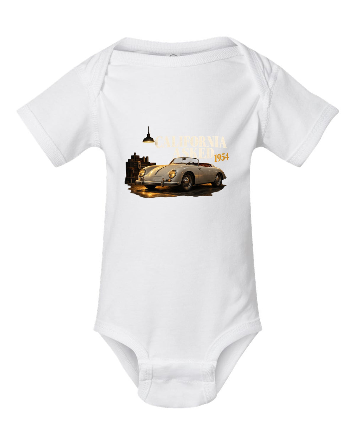 Garage night print of a 1954 Porsche 356 A Speedster with the caption California Asked white baby onesie front view with the design