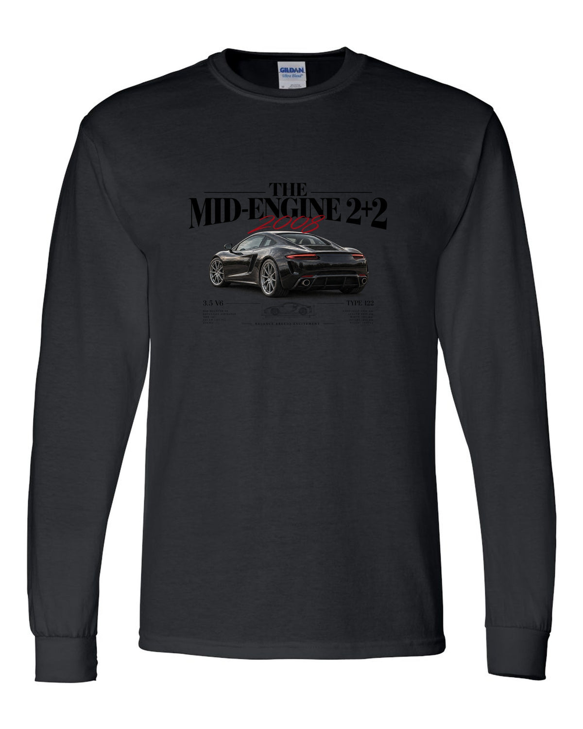 Editorial headline print of a 2008 Lotus Evora Type 122 about the mid-engine 2+2 black long sleeve front view with the design