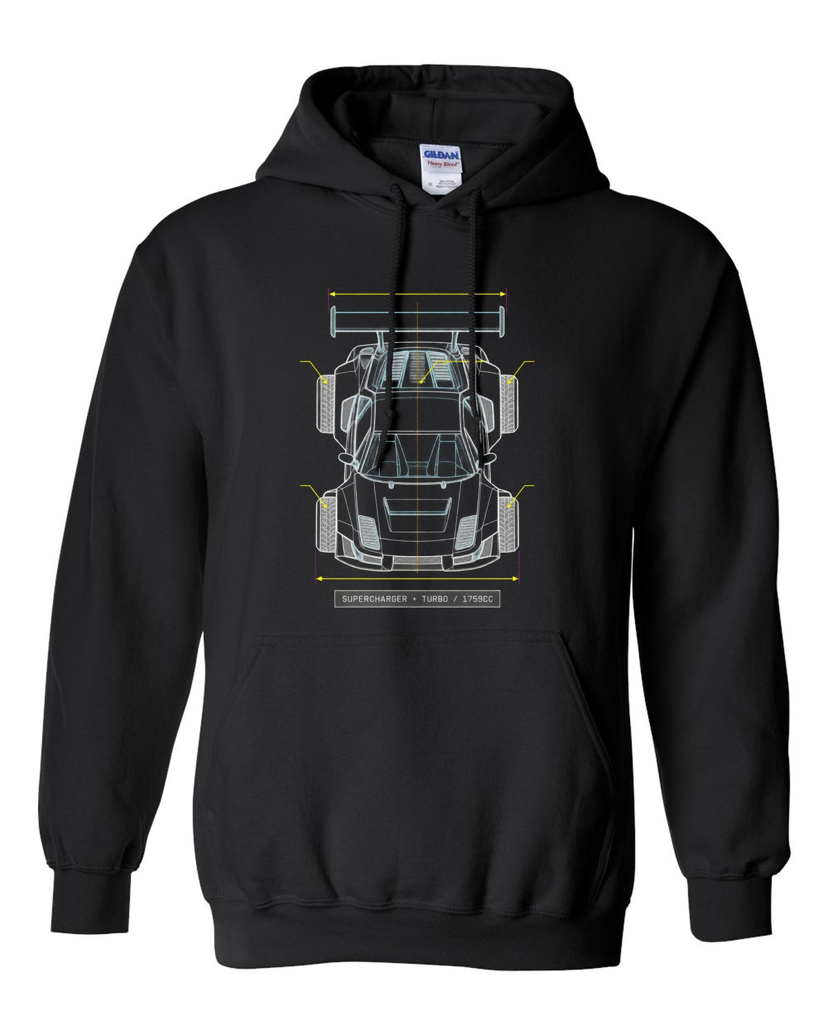 Overhead blueprint line drawing of a Lancia Delta S4 with supercharger and turbo caption black pull over hoodie front view with the design