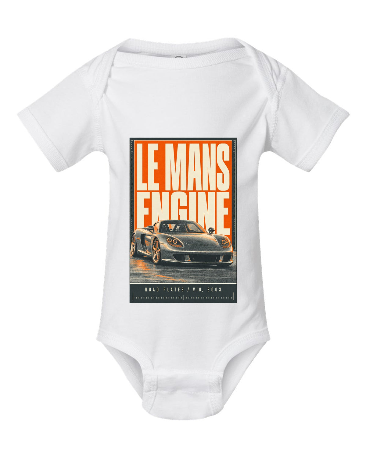 Porsche Carrera GT halftone statement print design white baby onesie front view with the design