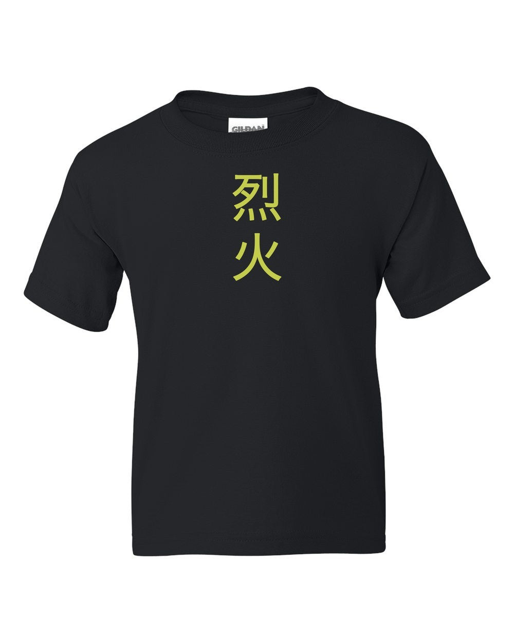 black kids tee front view with small kanji mark