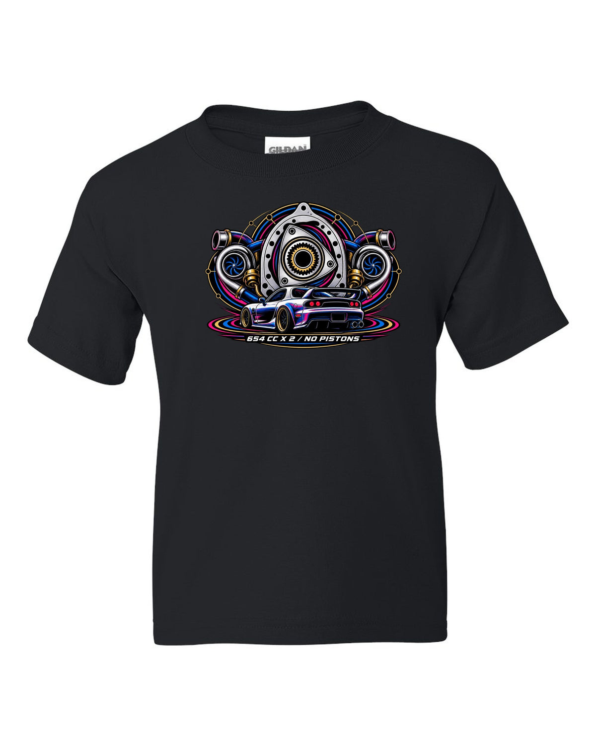 Two-colour riso style rear view print of a Mazda RX-7 FD3S with text $800, FD3S, Runs black kids tee front view with the design