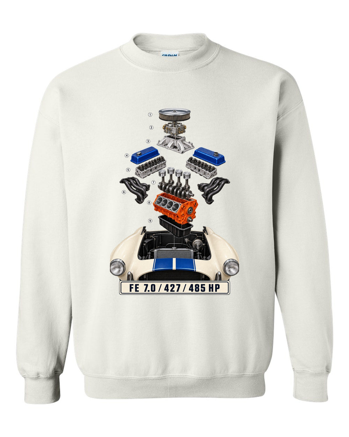 Isometric exploded view print of a Shelby Cobra 427 engine bay with FE 7.0 lettering white crewneck front view with the design
