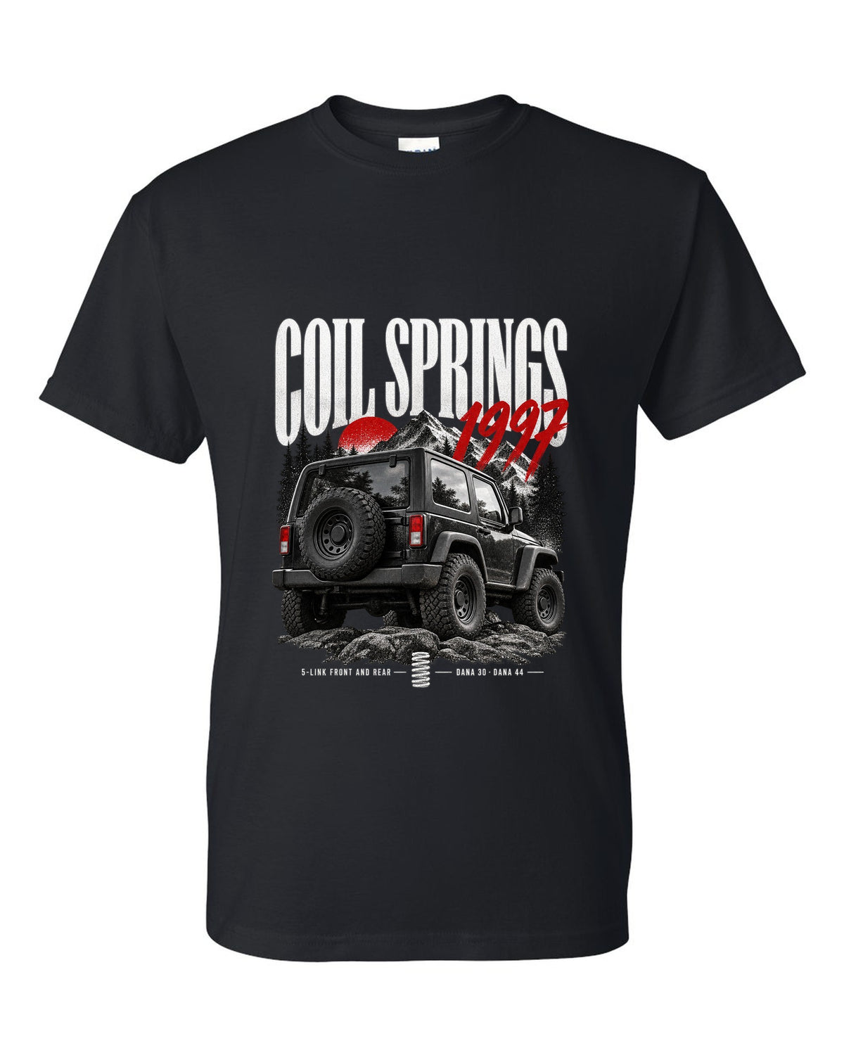 Editorial print for the Jeep Wrangler TJ, coil springs 5-link Dana 30 and Dana 44 black t-shirt front view with the design