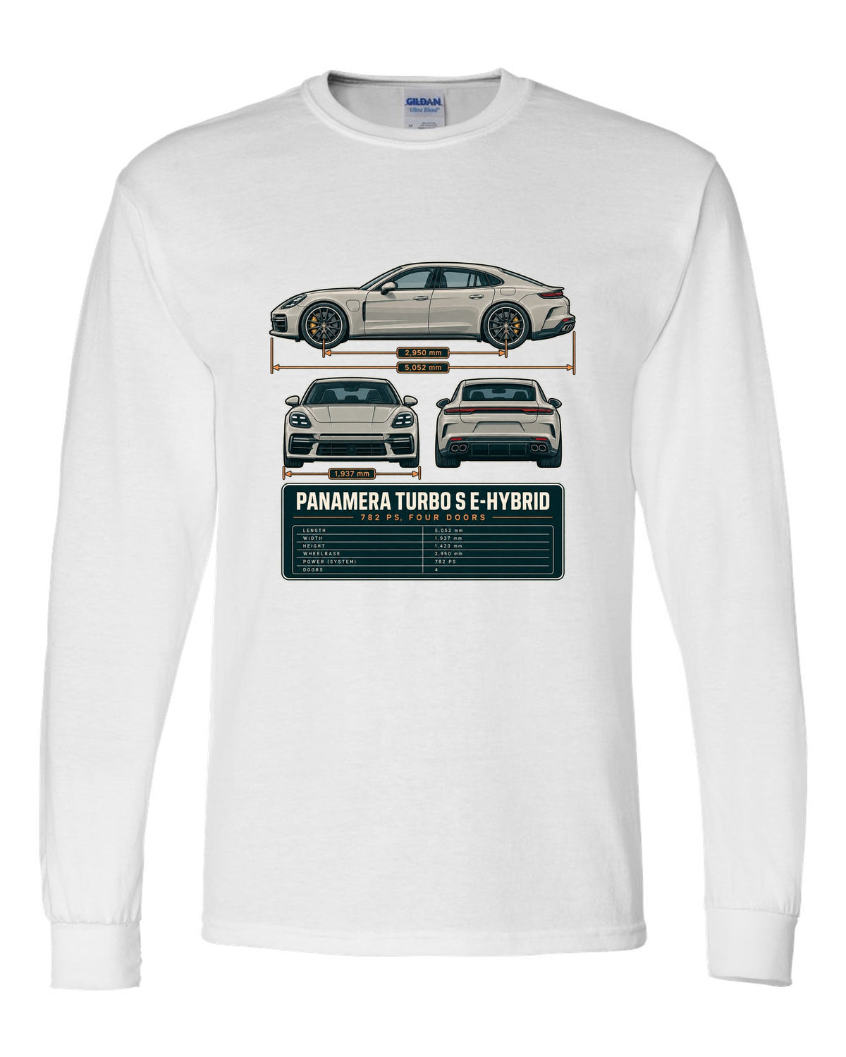 Three-view print of a Porsche Panamera Turbo S E-Hybrid G3 with 782 PS spec table white long sleeve front view with the design