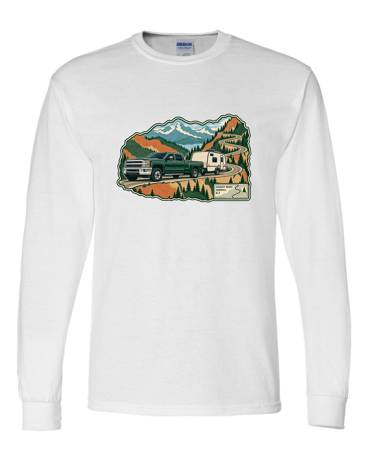 Topographic mountain pass print with a 2010-2018 Ram 2500 6.7 Cummins towing a camper white long sleeve front view with the design