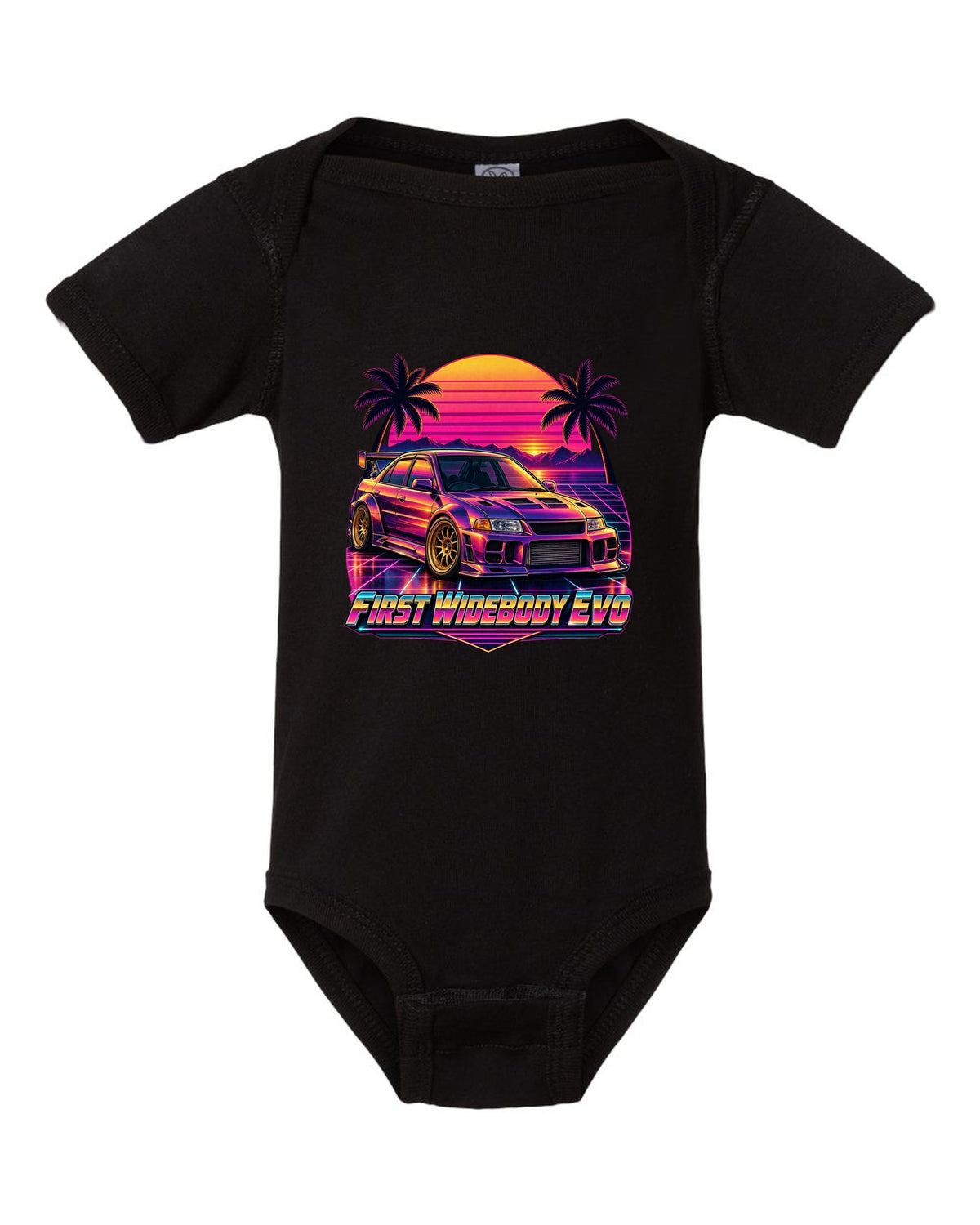 Exploded cutaway engine diagram of a Mitsubishi Lancer Evolution X CZ4A black baby onesie front view with the design