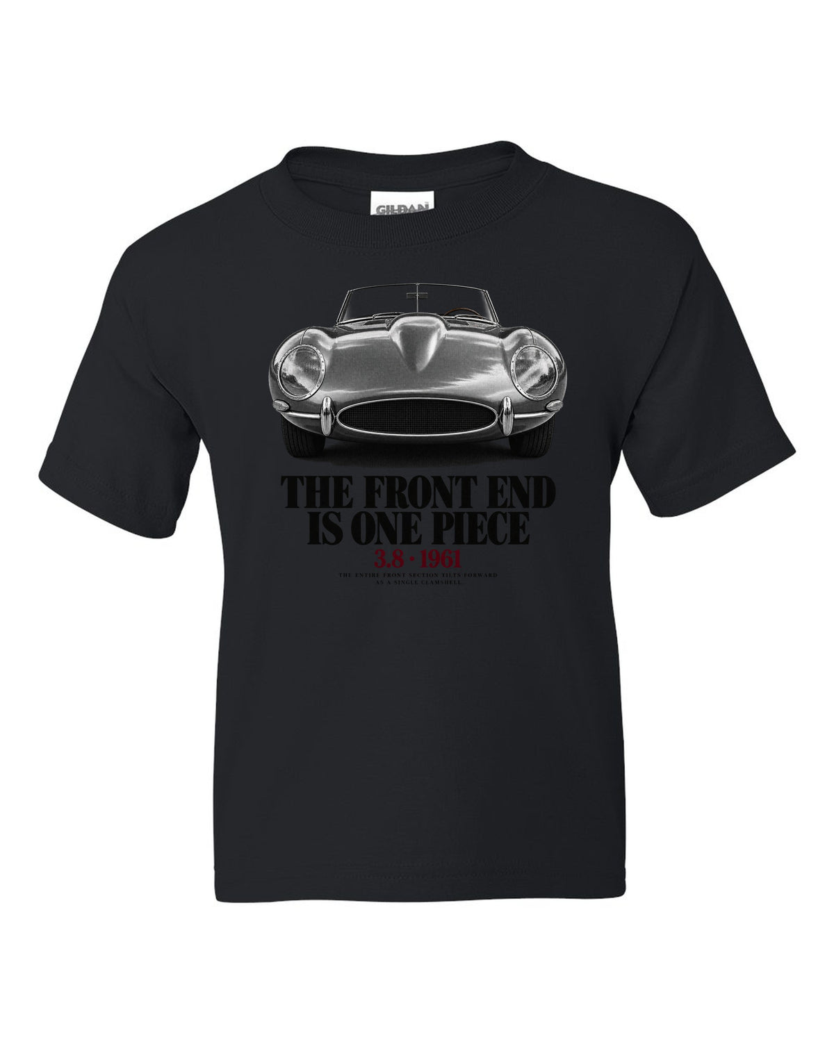 Jaguar E-Type Series 1 front end macro print black kids tee front view with the design