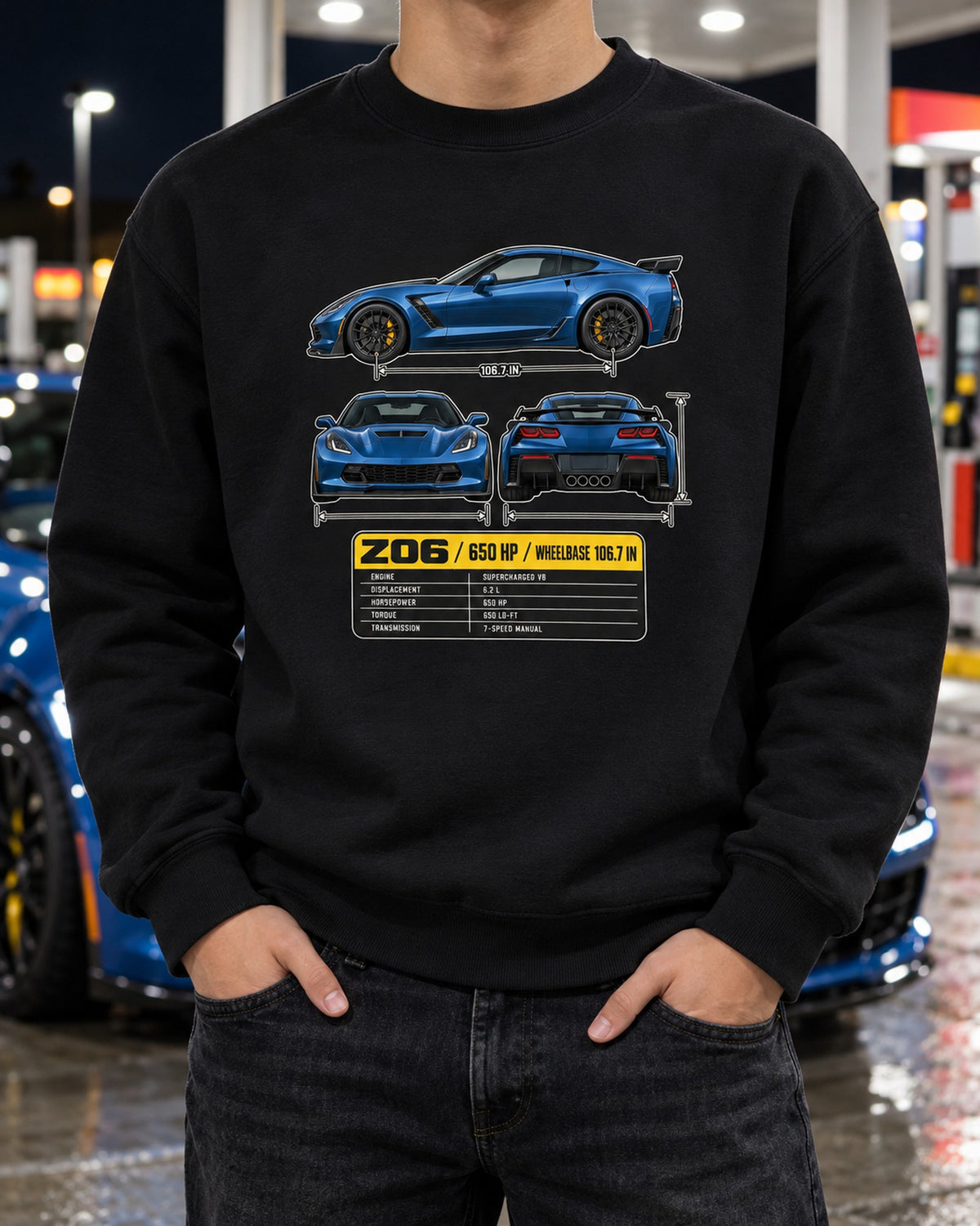 Corvette C7 Z06 Three-View Spec Table Shirt, Car Guy Gift Crewneck Black worn hero
